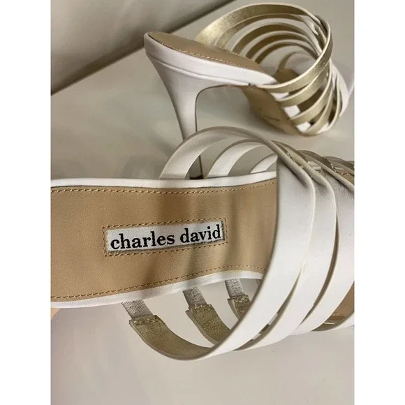 Charles David Vocal White/Gold Leather Metallic Heel Sandal Women’s Size 7.5 - Picture 6 of 10